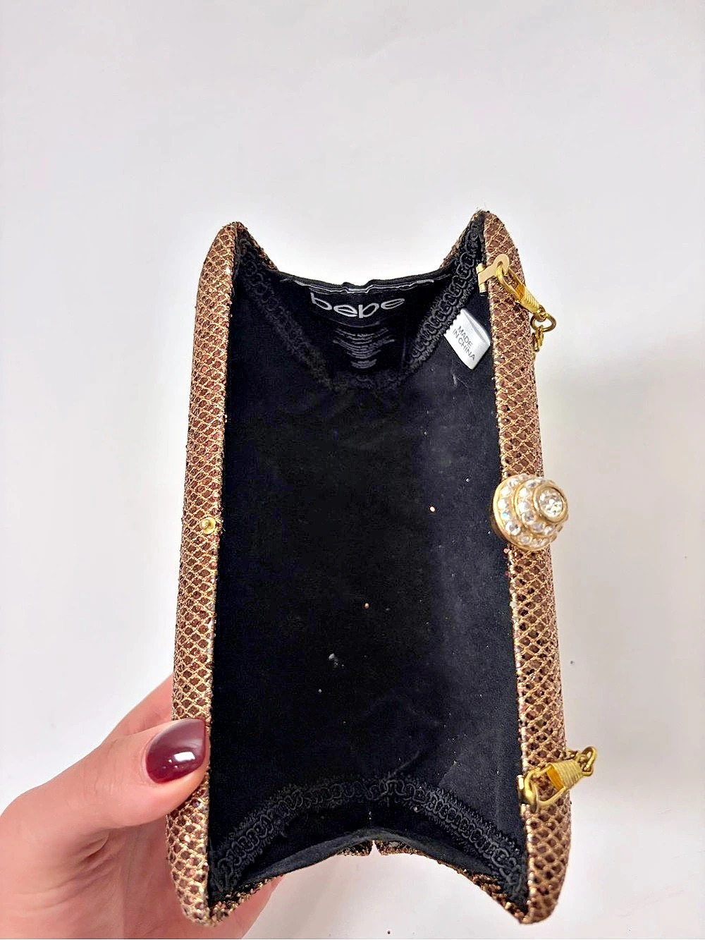 bebe Bronze Metallic Mesh Evening Clutch with Rhinestone Clasp - Picture 4 of 6
